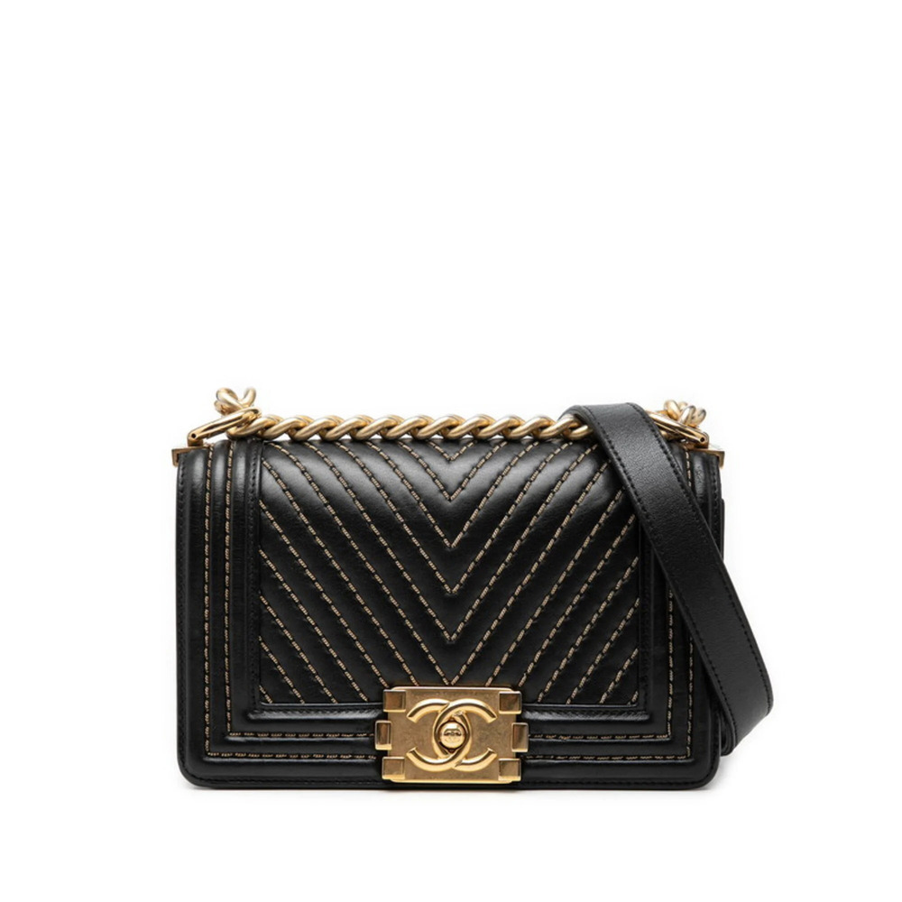 Chanel Coco Mark Chevron Boy Chain Shoulder Bag, Black Gold Leather Plated, W...
